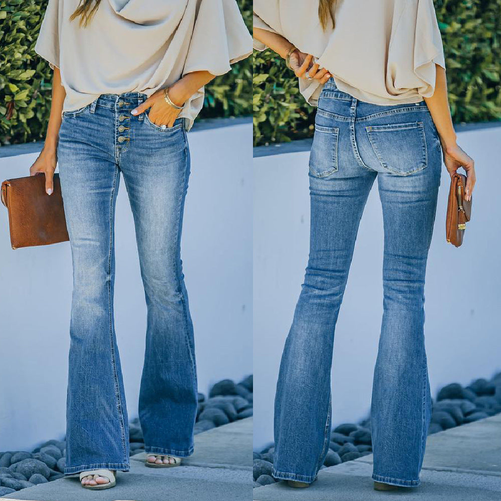 Women’s High-Waisted Button Flare Jeans
