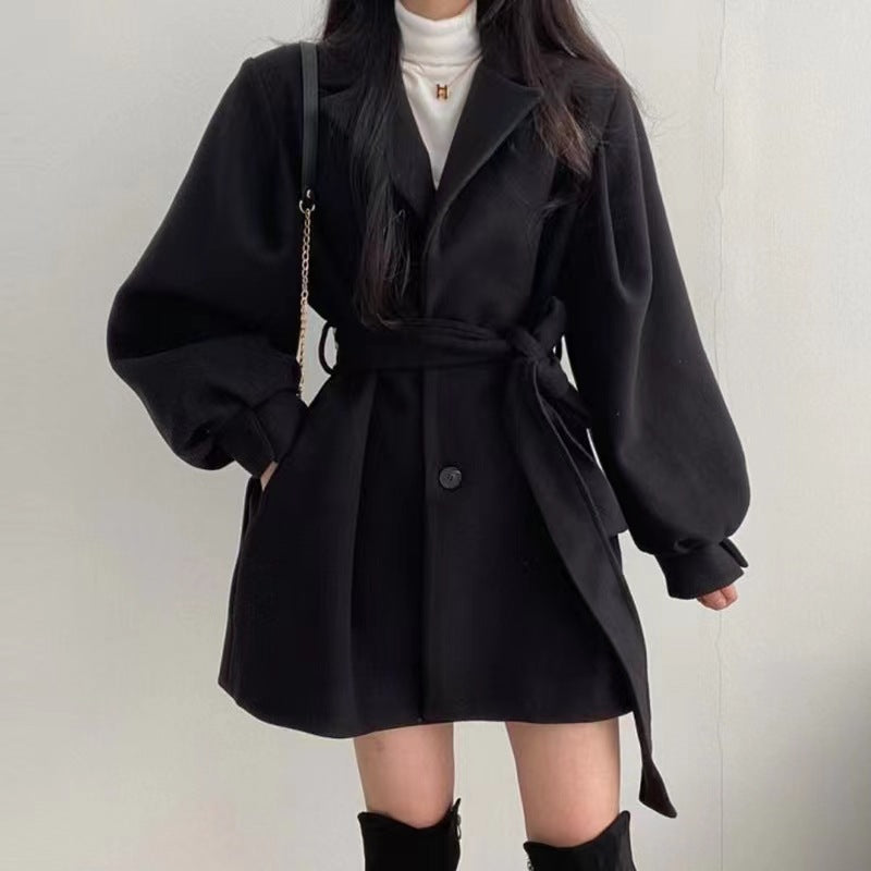 Women's Hepburn Style Black Woolen Coat