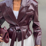 Women’s Faux Leather Lapel Jacket