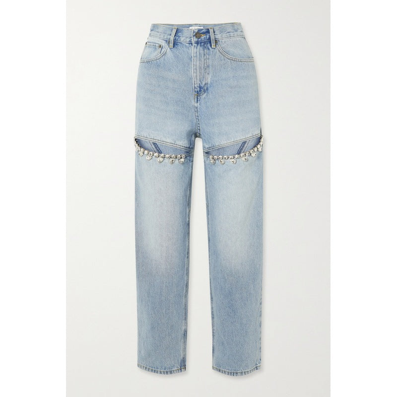 Women's Crystal-Decorated High-Waisted Straight Leg Jeans