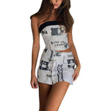 Women's Vintage Newspaper Print Strapless Skirt Set