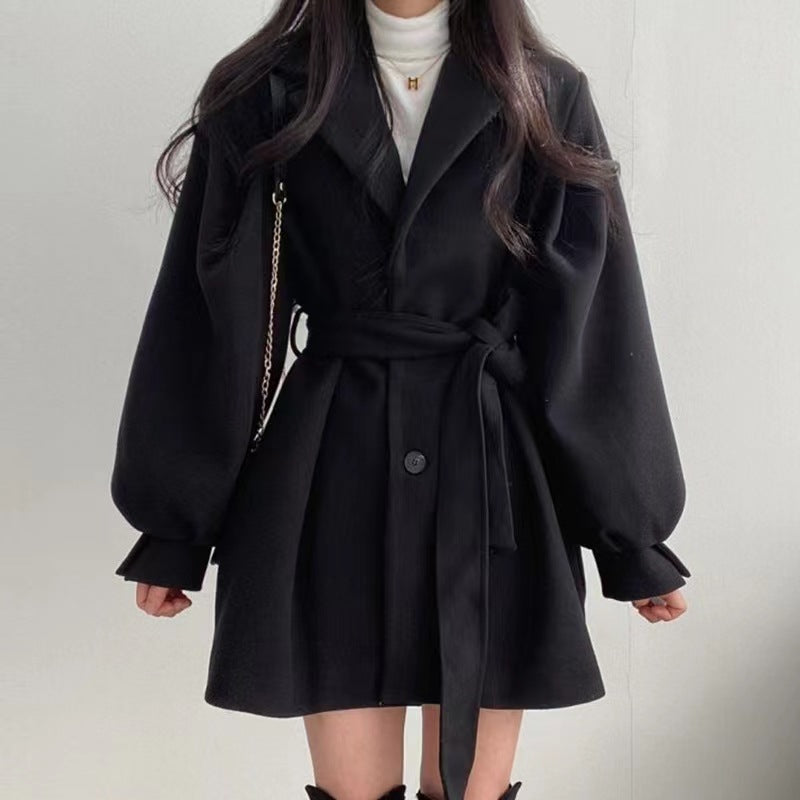 Women's Hepburn Style Black Woolen Coat