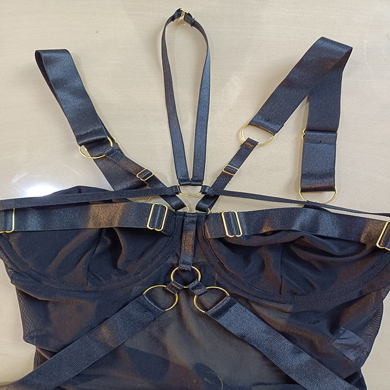 Women’s Black Mesh Strap Harness Bodysuit