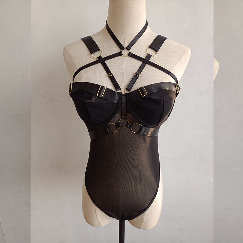 Women’s Black Mesh Strap Harness Bodysuit