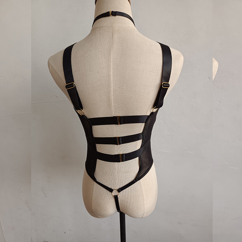 Women’s Black Mesh Strap Harness Bodysuit