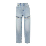 Women's Crystal-Decorated High-Waisted Straight Leg Jeans