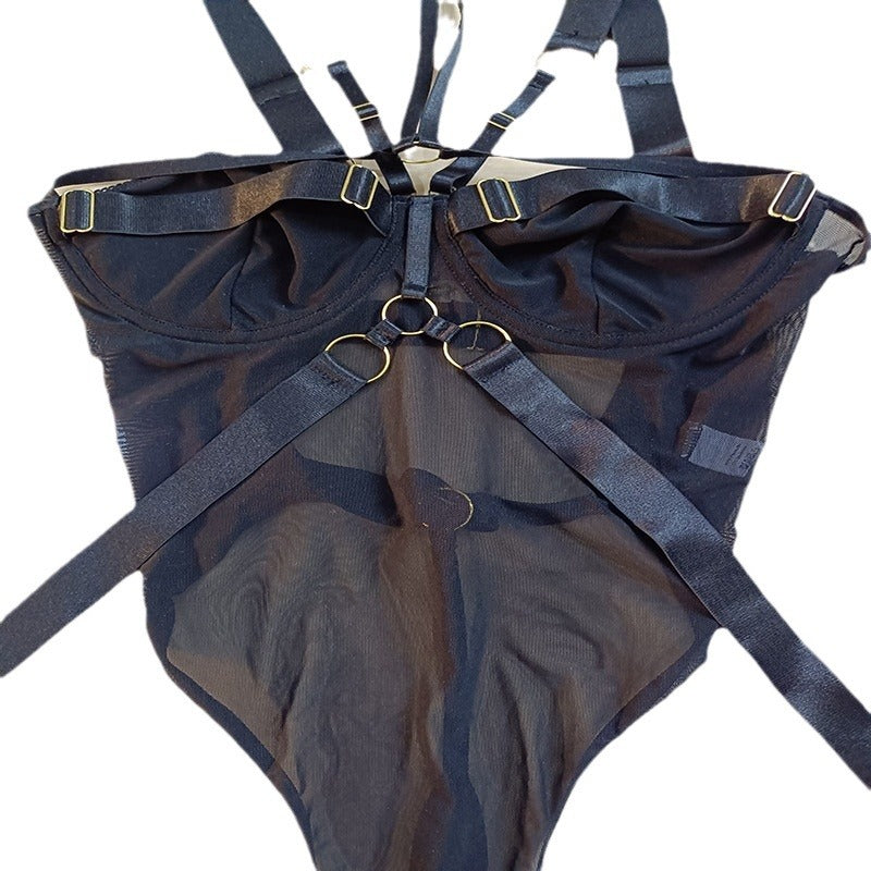 Women’s Black Mesh Strap Harness Bodysuit