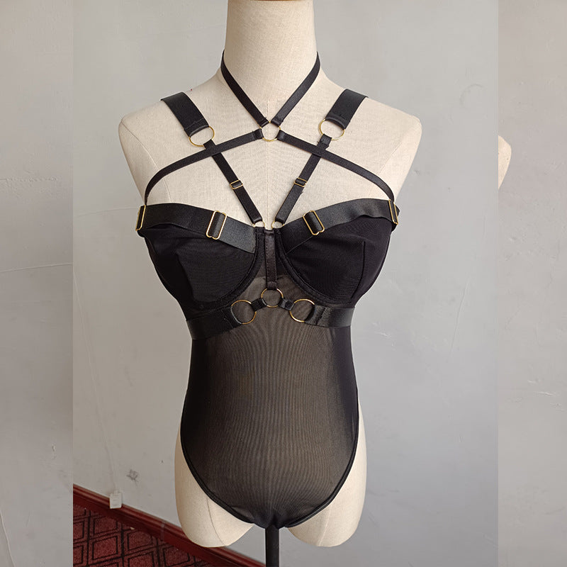 Women’s Black Mesh Strap Harness Bodysuit
