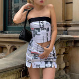 Women's Vintage Newspaper Print Strapless Skirt Set
