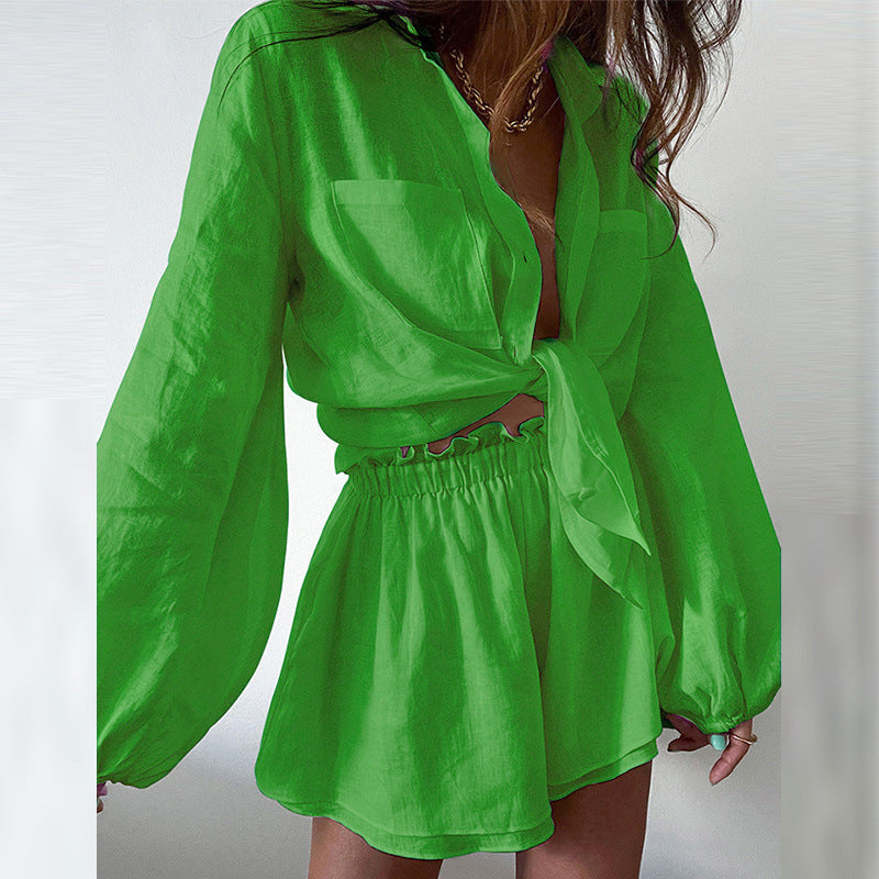 Women’s Solid Color Ruffled Long-Sleeve Dress
