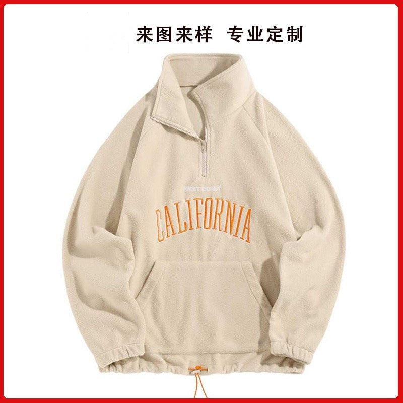 Women's OEM quarter zipper American polo shirt with letter-embroidered lambskin sweatshirt