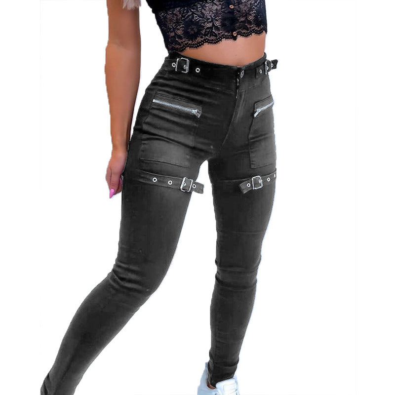 Women's Strap Detail High-Waisted Skinny Pants